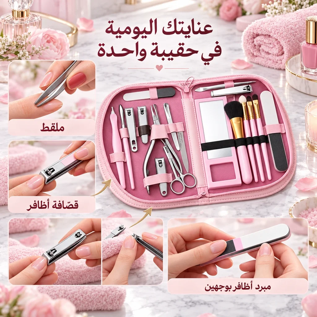 Kit Manucure Pédicure 18 Pièces avec Pochette Rose