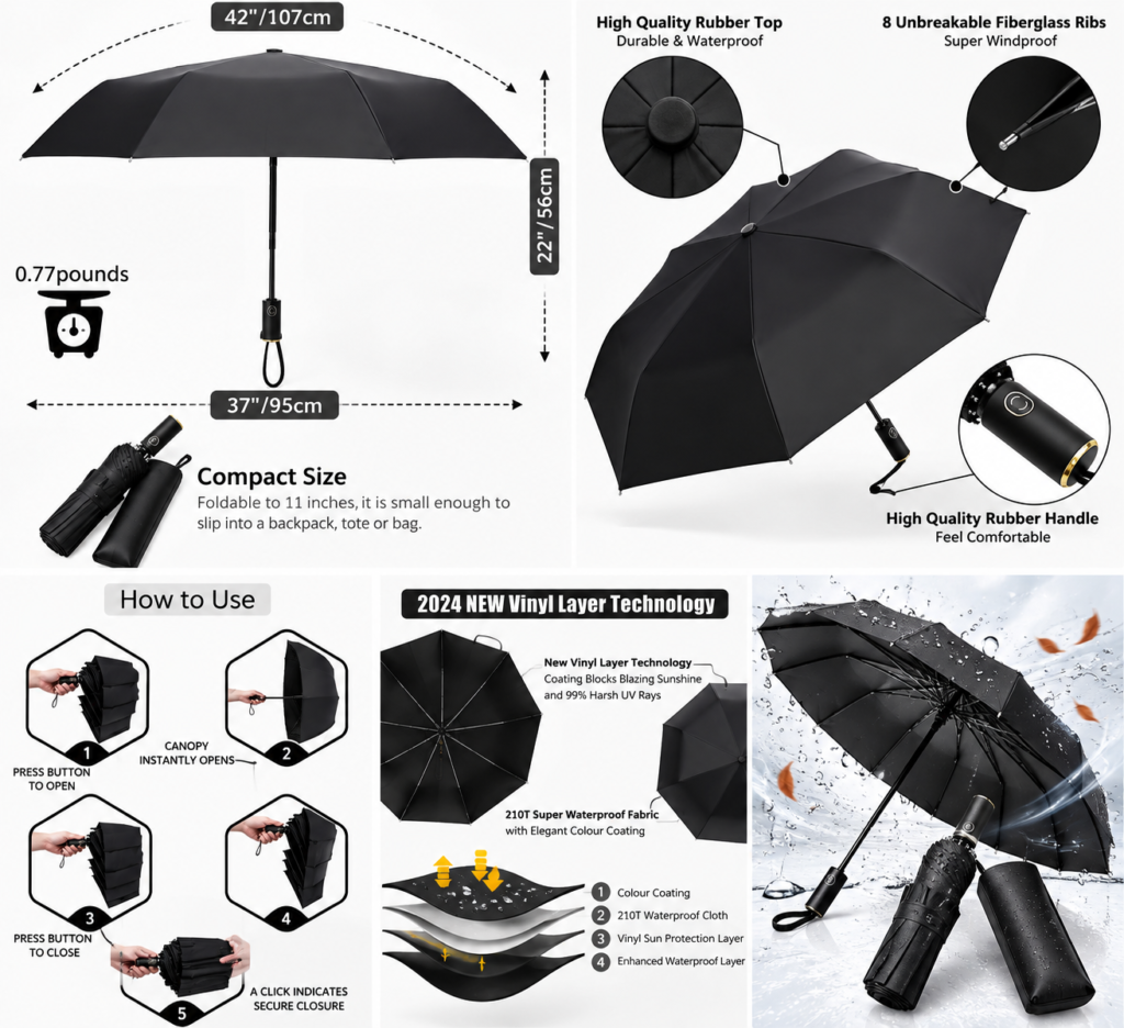 Parapluie Coupe-Vent Automatique UV Noir