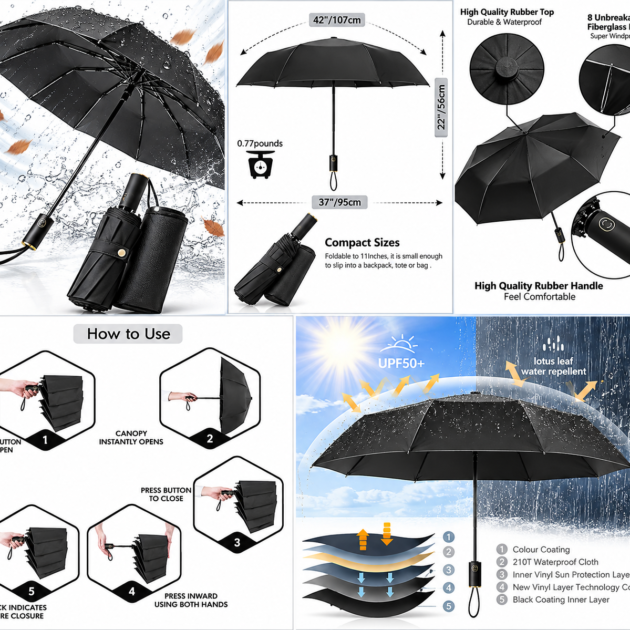 Parapluie Coupe-Vent Automatique UV Noir