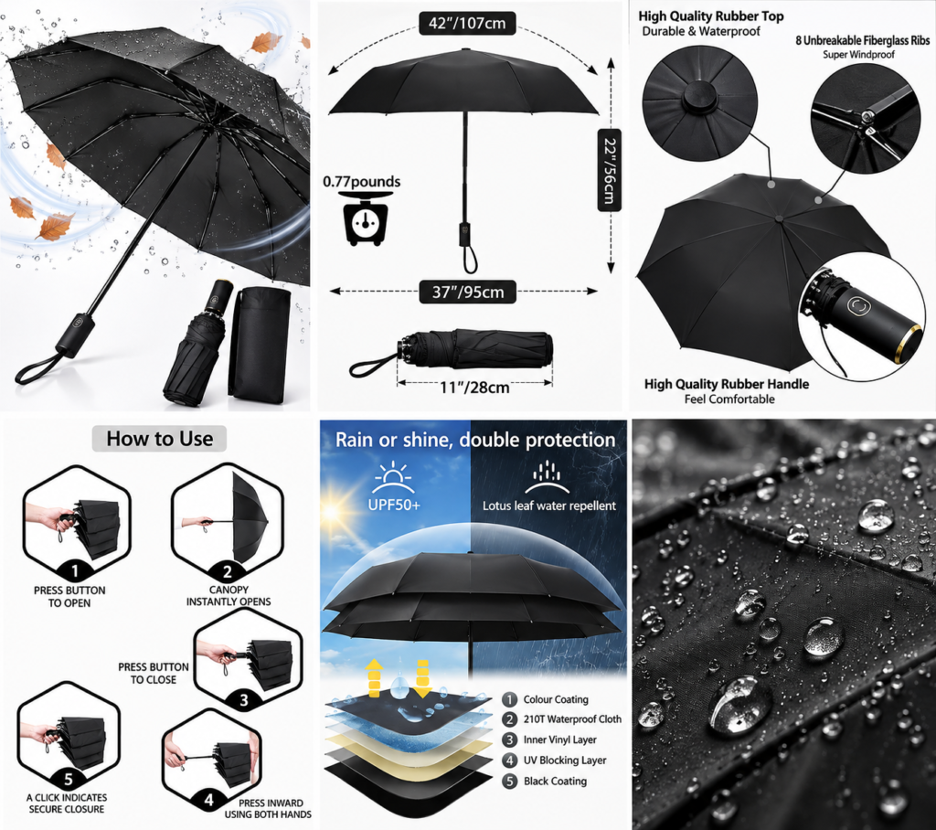 Parapluie Coupe-Vent Automatique UV Noir