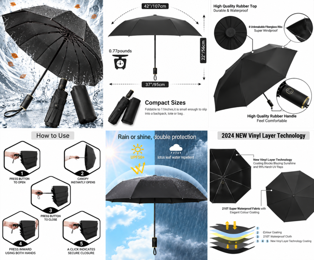 Parapluie Coupe-Vent Automatique UV Noir