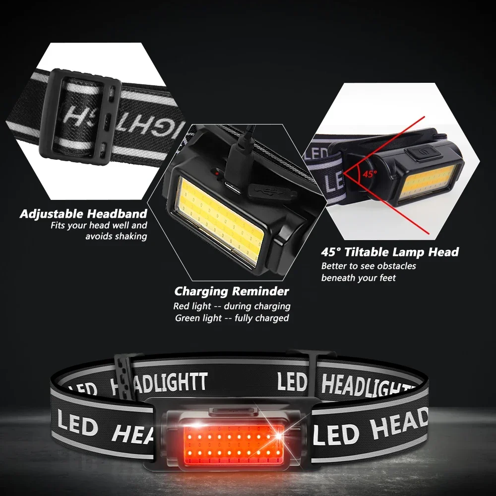 Lampe Frontale LED COB 1000 Lumens Rechargeable USB