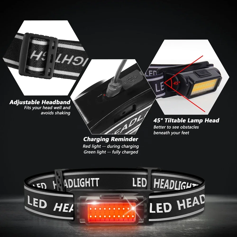 Lampe Frontale LED COB 1000 Lumens Rechargeable USB
