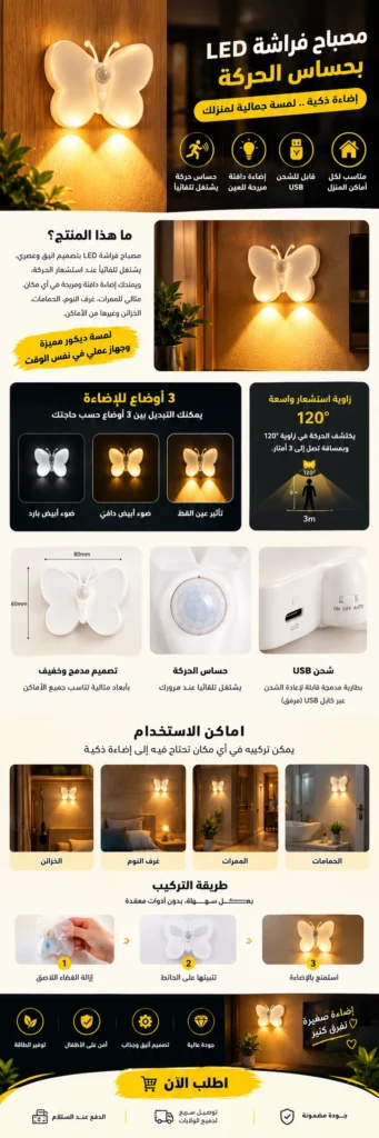 Lampe LED Papillon avec Détecteur Mouvement USB Rechargeable
