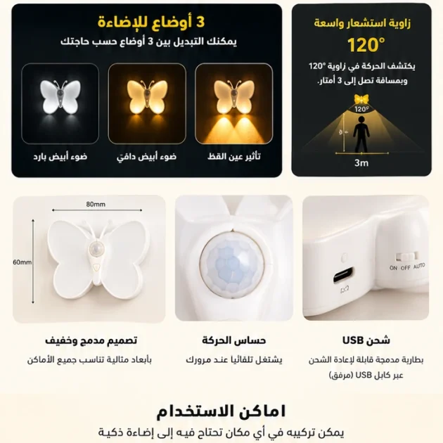 Lampe LED Papillon avec Détecteur Mouvement USB Rechargeable