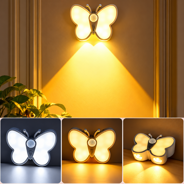 Lampe LED Papillon avec Détecteur Mouvement USB Rechargeable