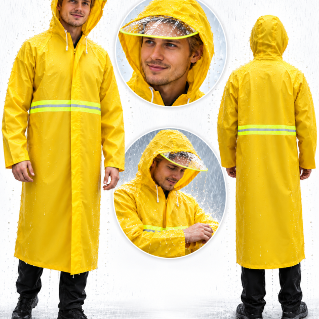 Imperméable long jaune avec capuche transparente — protection totale pluie et sécurité