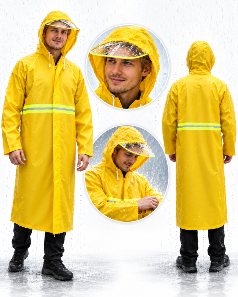 Imperméable long jaune avec capuche transparente — protection totale pluie et sécurité