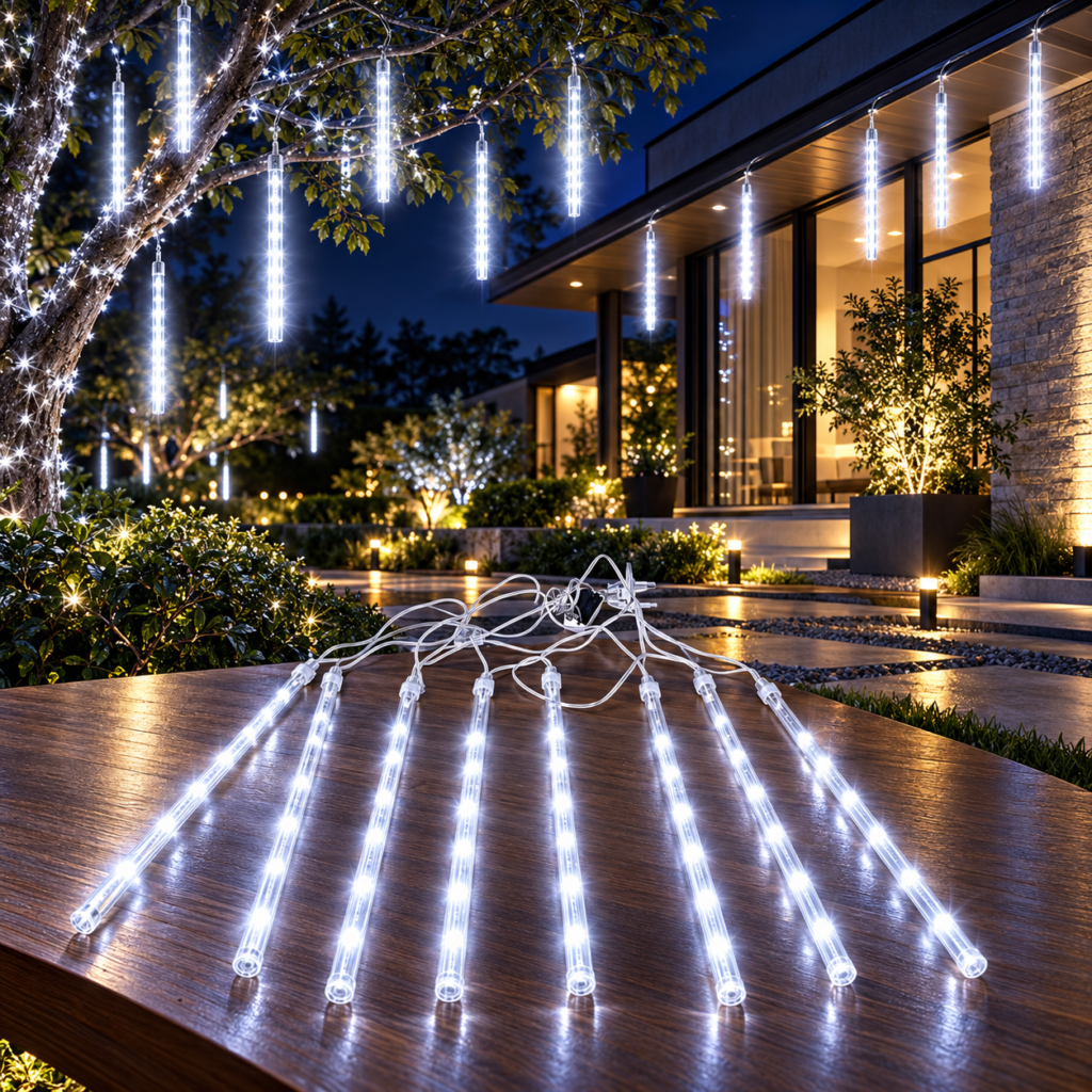 Éclairage LED Pluie de Météores Blanc – Décoration Extérieure Éblouissante