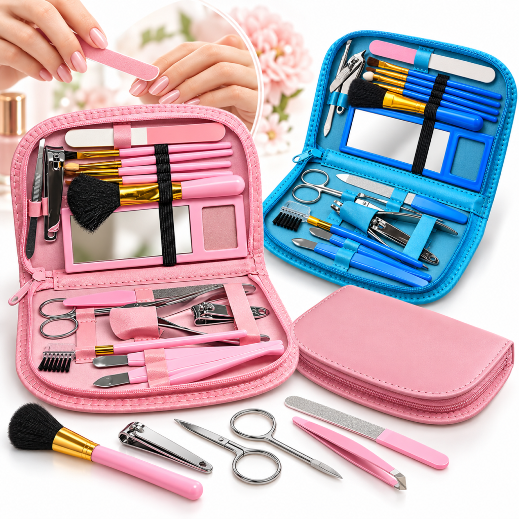 Kit Manucure Pédicure 18 Pièces avec Pochette Rose